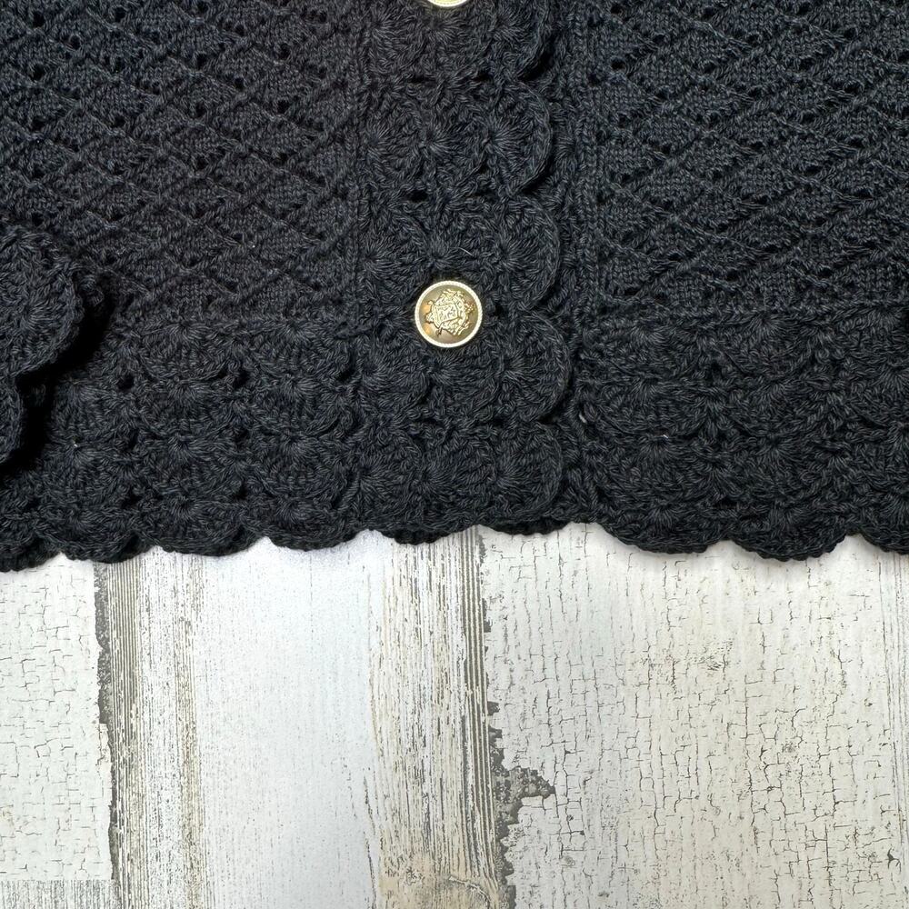 J. Crew Collection Black Crochet Cardigan Sweater Scallop Trim Open Knit Crop S - Picture 8 of 11